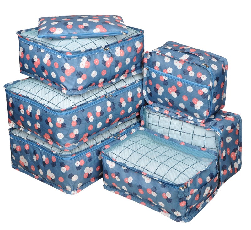 Vercord 7 Set Travel Packing Organizers Cubes Luggage Suitcase Organizer Bags Clothes Underwear Cube Shoe Pouch Pack Blue Flower - Image 2